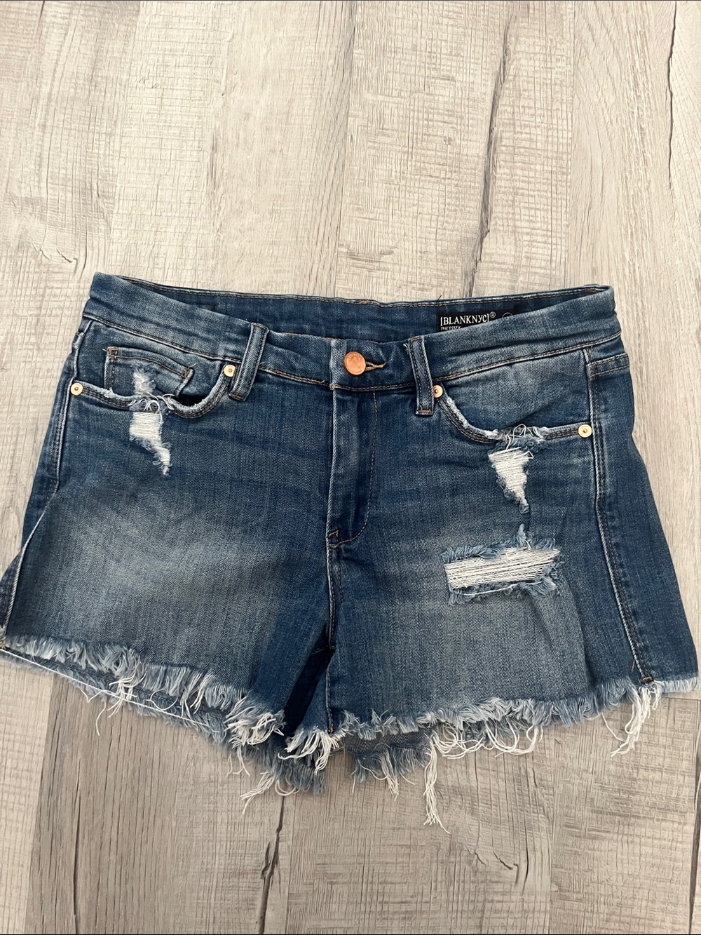 Blank NYC Frayed Hem Distressed Denim Shorts - Dark Blue